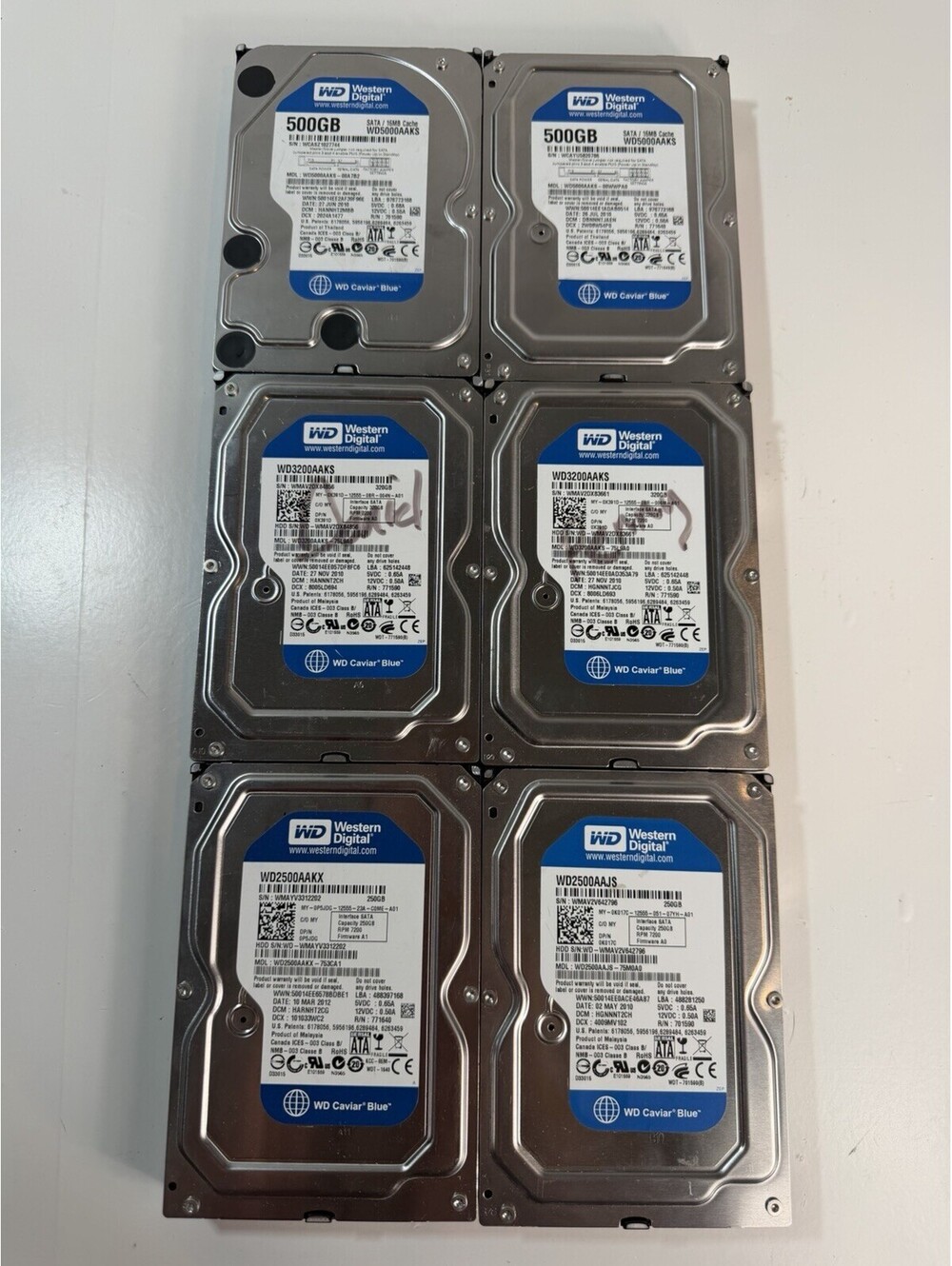 Lot of 6 Western Digital Caviar Blue 3.5"SATA Hard Drives(250GB-500GB)Untested